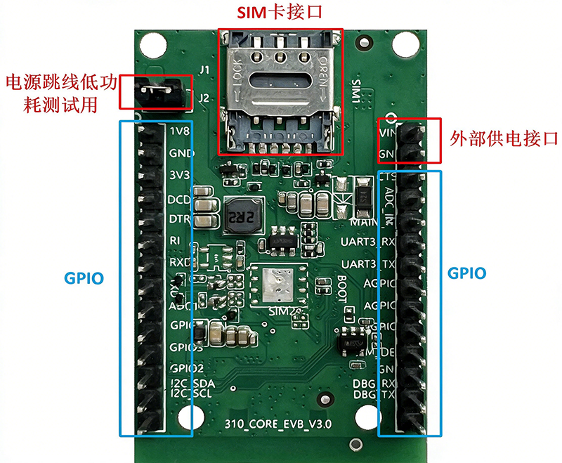 开发板背面双排针与供电引脚示意图