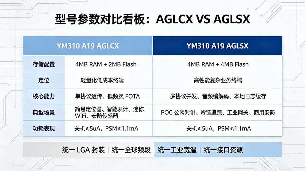 YM310 A19 GL AGLCX与AGLSX规格参数对比