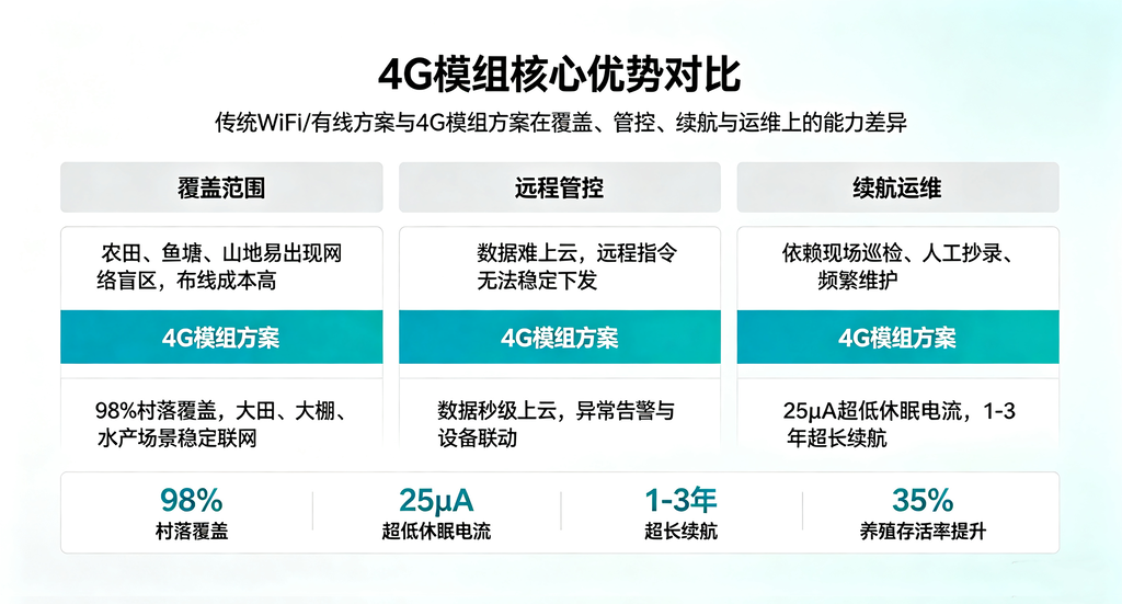 传统农业通信方案与域格4G模组覆盖续航管控对比