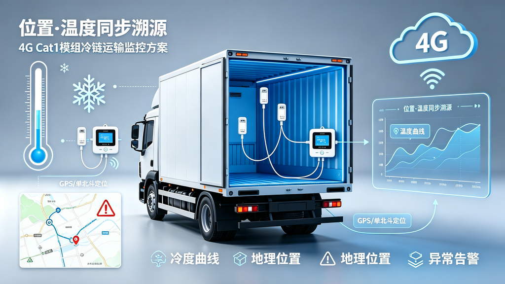 冷链记录仪4G Cat1模组，GPS单北斗温湿度位置绑定实时监控溯源