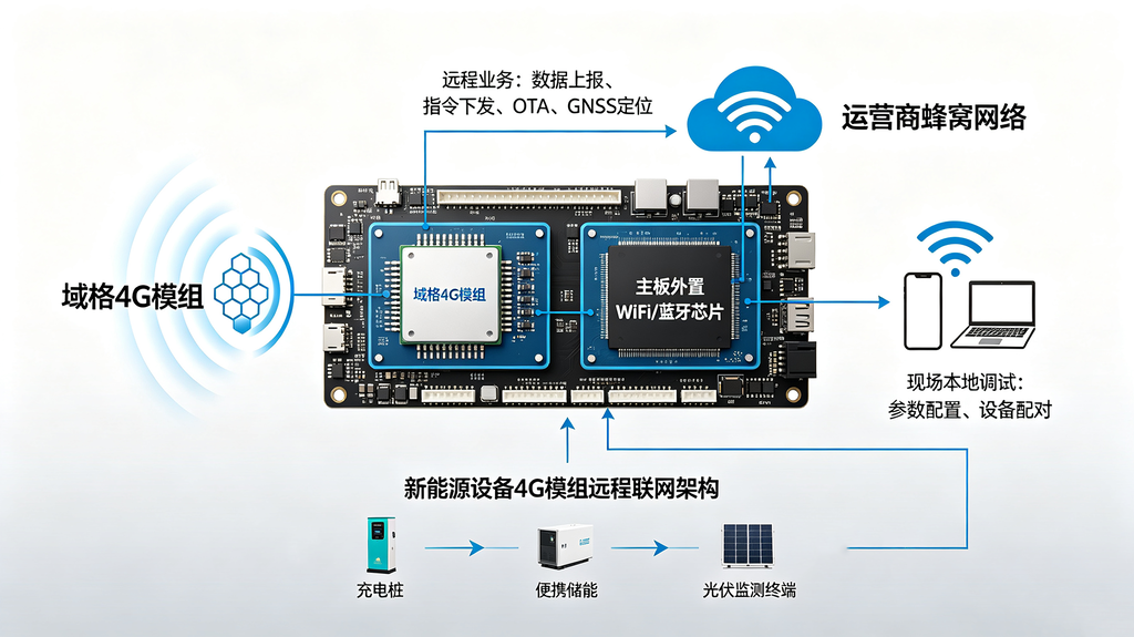 新能源设备4G模组远程联网+外挂WiFi蓝牙本地调试架构示意图