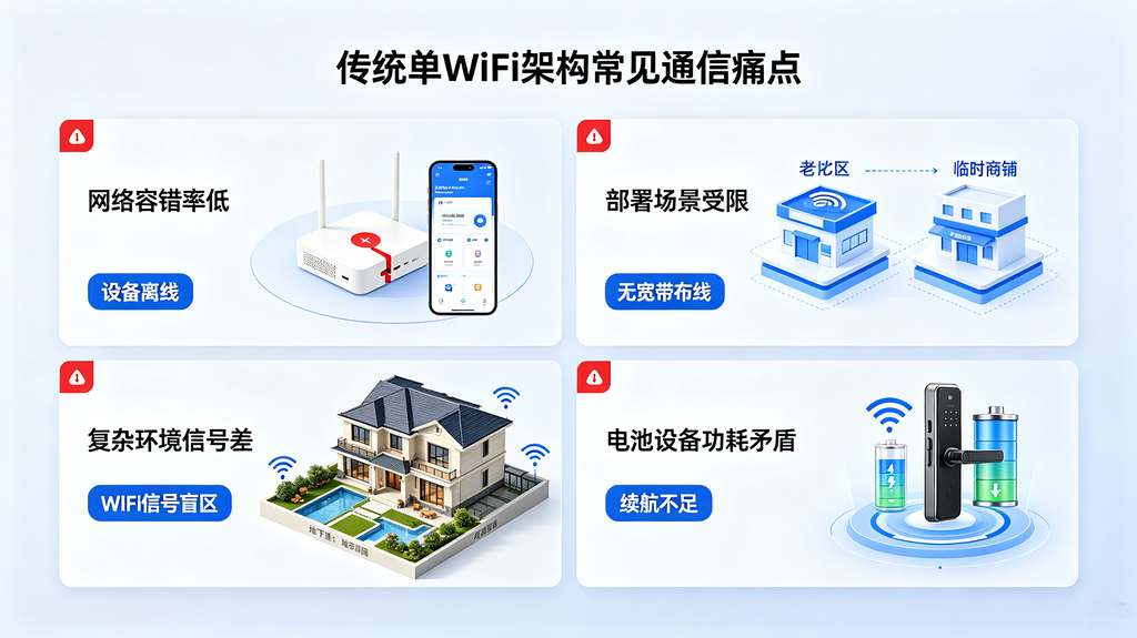 四格信息图，WiFi蓝牙智能硬件四大通信痛点：断网离线、部署受限、WiFi信号盲区、电池续航不足