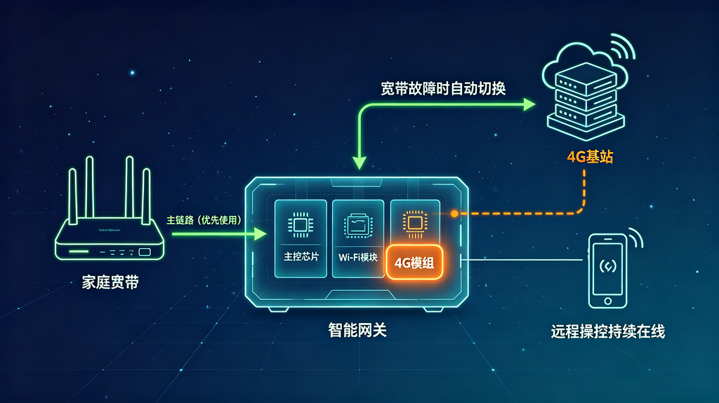 智能网关双网冗余拓扑图，WiFi主链路绿色实线，4G备份链路橙色虚线自动切换