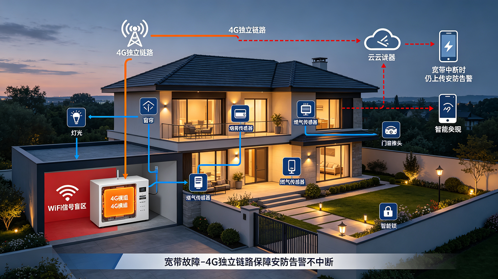 别墅剖面图智能中控示意图，地下室中控主机4G直连基站，Zigbee管控全屋灯光烟感气感安防设备