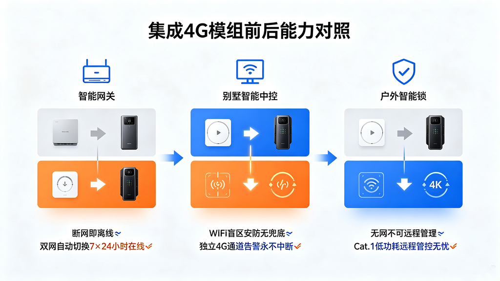 智能网关、别墅中控、户外智能锁Before After对比图，集成4G模组前后痛点与能力转变