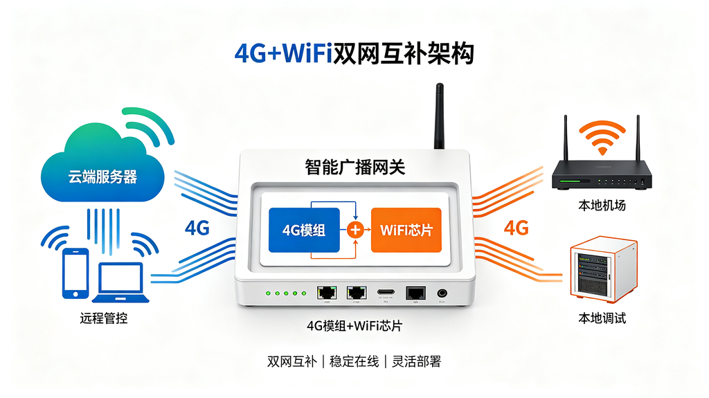 户外IP广播4G+WiFi双网互补系统架构图，云端远程管控与本地WiFi调试双链路