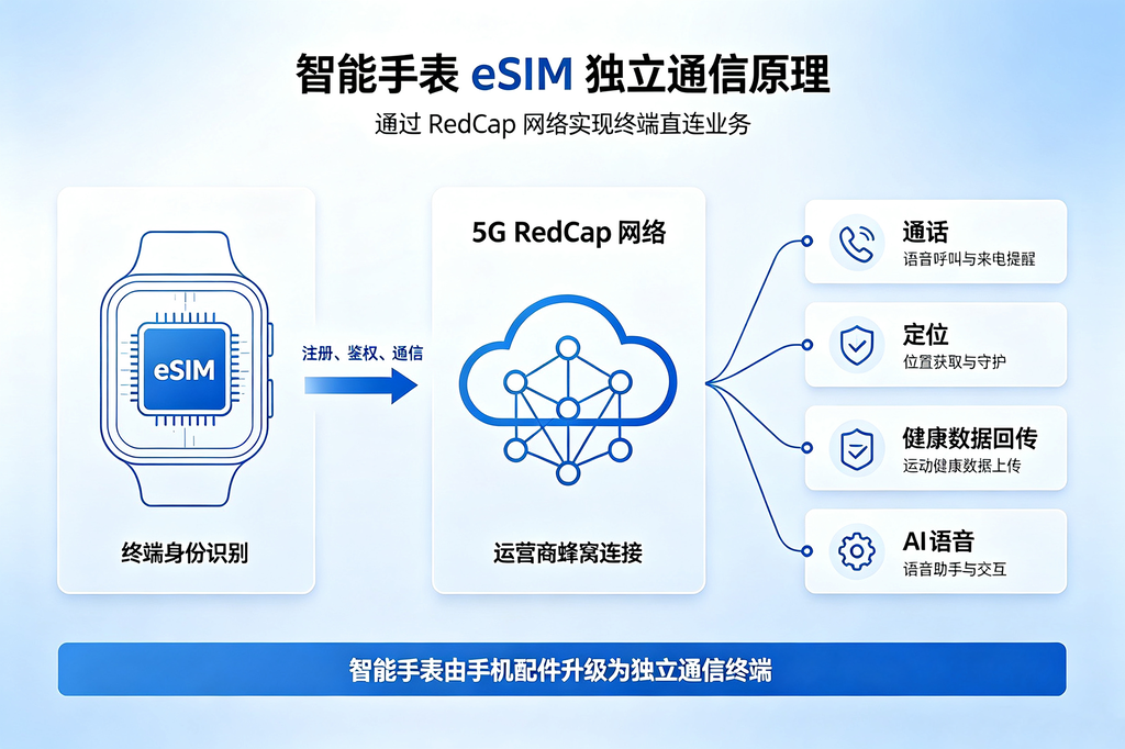 RedCap智能手表eSIM独立通信架构，展示手表脱离手机实现蜂窝联网业务