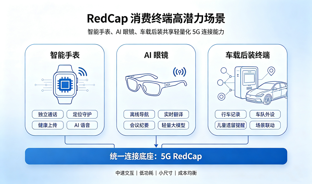 RedCap三大消费应用场景示意图，包含智能手表、AI眼镜、车载后装终端